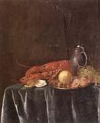 Pieter Gijsels Still life of a lemon,hazelnuts and a crab on a pewter dish,together with a lobster,oysters two wine-glasses,green grapes and a stoneware flagon,all u oil on canvas
